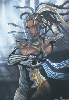 1girl arm_guards armor bare_shoulders breasts commission cornrows cowboy_shot dark_skin dreadlocks formal_clothes gauntlets gloves grey_suit highres large_breasts leotard master_raven ninja raydash30 revealing_clothes shoulder_armor solo suit sword sword_on_back tekken tekken_7 turtleneck very_dark_skin weapon weapon_on_back