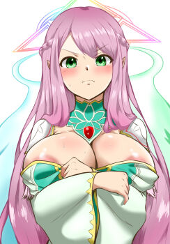 1girl absurdres areola_slip binah_(monster_strike) blush braid breasts cleavage closed_mouth covering_privates green_eyes highres huge_breasts long_hair monster_strike pink_hair pointy_ears simple_background solo sweat upper_body user_emhp8723 white_background
