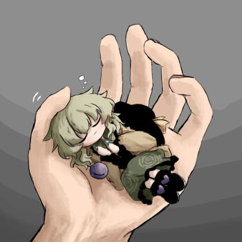 1girl :3 black_hat bow buttons closed_eyes diamond_button eyeball floral_print frilled_shirt_collar frills green_hair green_skirt hat hat_bow headpat heart heripantomorrow in_palm komeiji_koishi long_sleeves lying mini_person minigirl pov pov_hands rose_print shirt short_hair skirt sleeping smile solo squeans third_eye touhou wide_sleeves yellow_shirt