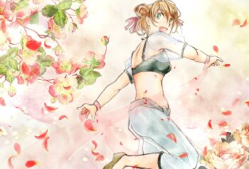 1girl dancer dokkirium double_bun fire_emblem fire_emblem:_the_binding_blade green_eyes hair_bun highres larum_(fire_emblem) midriff nintendo orange_hair short_hair smile solo