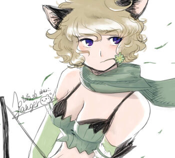 1girl 2015 akari-tkn animal_ears black_bra blonde_hair blush bow_(weapon) bra breasts cat_ears cat_girl character_name cleavage closed_mouth clover commentary_request four-leaf_clover green_scarf green_tube_top holding holding_bow_(weapon) holding_weapon looking_afar looking_to_the_side medium_breasts purple_eyes ragnarok_online ranger_(ragnarok_online) scarf short_hair simple_background solo strapless tube_top underwear upper_body wavy_hair weapon white_background wind