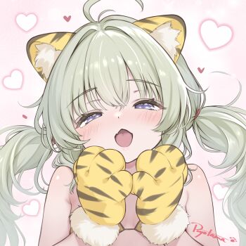 1girl absurdres animal_ear_fluff animal_ears animal_hands animal_print bikini blue_eyes breasts gloves green_hair heart highres looking_at_viewer open_mouth original paw_gloves po_yo_ta_ma small_breasts solo swimsuit twintails upper_body