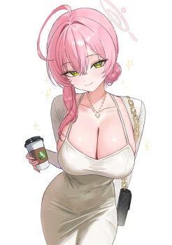 1girl absurdres ahoge alternate_costume alternate_hairstyle blue_archive blush breasts cleavage coffee collarbone cup disposable_coffee_cup disposable_cup dongtan_dress dress green_eyes grey_dress halo hanako_(blue_archive) highres holding holding_cup jewelry large_breasts long_hair long_sleeves looking_at_viewer necklace pink_hair pink_halo scoop_neck simple_background smile solo tight_clothes tight_dress white_background yamu_(yamu_030)