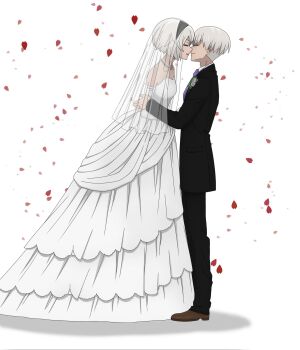 1boy 1girl 2b_(nier:automata) 9s_(nier:automata) bare_shoulders black_hairband black_jacket black_pants black_suit breasts bridal_veil brown_shoes choker closed_eyes collared_shirt corsage couple dress elbow_gloves falling_petals formal_clothes full_body gloves grey_hair hair_between_eyes hairband hashtag-only_commentary hetero highres husband_and_wife imminent_kiss jacket long_dress medium_breasts nas_292 necktie nier:automata nier_(series) pants petals purple_necktie red_petals shirt shoes short_hair smile strapless strapless_dress suit veil wedding wedding_dress white_background white_dress white_shirt