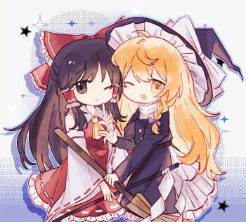 Rule 34 | 2girls, :q, ascot, black hat, black jacket, blonde hair, bow, braid, broom, brown eyes, brown hair, chinese commentary, commentary request, detached sleeves, fby1313133, frilled bow, frilled hair tubes, frills, gohei, hair bow, hair tubes, hakurei reimu, hat, hat bow, highres, holding, holding broom, holding gohei, jacket, kirisame marisa, long hair, multiple girls, one eye closed, open mouth, purple bow, red bow, red skirt, ribbon-trimmed skirt, ribbon-trimmed sleeves, ribbon trim, side braid, single braid, skirt, skirt set, smile, star (symbol), tongue, tongue out, touhou, white bow, witch hat, yellow ascot, yellow eyes