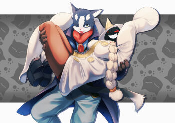 Rule 34 | 1boy, 1girl, absurdres, animal ears, animal hood, animal print, birthday connection, black coat, black footwear, blazblue, blonde hair, braid, breasts, brown gloves, buttons, carrying, cat boy, cat day, cat ears, cat girl, cat hood, cat print, cat tail, closed eyes, coat, commentary request, crossover, dark-skinned female, dark skin, fang, feet out of frame, full body, gloves, green eyes, grey pants, grin, highres, hood, hood up, hoodie, large breasts, log horizon, long hair, looking at viewer, neckerchief, nyanta (log horizon), one eye closed, open mouth, pants, princess carry, red eyes, red neckerchief, red shorts, shoes, shorts, smile, socks, tail, taokaka, textless version, twin braids, white hoodie, white socks, yurari yr