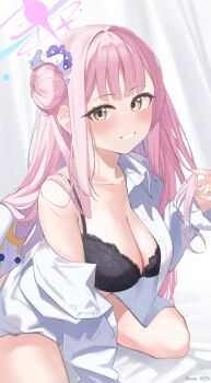 1girl absurdres angel_wings black_bra blue_archive bra breasts cleavage feathered_wings gradient_halo hair_bun halo highres lace lace-trimmed_bra lace_trim large_breasts looking_at_viewer low_wings mika_(blue_archive) multicolored_halo off_shoulder open_clothes open_shirt pink_halo sen_(central_9029) shirt single_side_bun smile solo underwear white_shirt white_wings wing_ornament wings