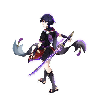 Rule 34 | 1boy, absurdres, armor, arms at sides, black bodysuit, black hair, black kimono, black sandals, black shorts, black sleeves, blunt ends, bodysuit, bridal legwear, bright pupils, eyelashes, eyeliner, eyeshadow, fingernails, full body, furisode, genshin impact, gold, highres, holding, holding sword, holding weapon, japanese armor, japanese clothes, jewelry, kimono, kote, kurokote, layered sleeves, looking at viewer, looking back, makeup, male focus, mid-stride, musou isshin (genshin impact), neck ring, o-ring, outstretched arms, parted lips, pom pom (clothes), purple bag, purple electricity, purple rope, purple sash, purple sleeves, red eyeliner, red eyeshadow, renkon 25251020, rope, sandals, sash, scaramouche (genshin impact), shimenawa, short sleeves, shorts, smile, solo, spread arms, stirrup legwear, sword, tassel, toeless legwear, toenails, toes, tsurime, turtleneck, turtleneck bodysuit, weapon, white background, white pupils, white rope, wispy bangs, zouri