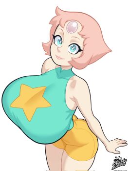 1girl alternate_breast_size_(larger) armpit_crease artist_name bare_arms blue_eyes blue_shirt breasts bright_pupils closed_mouth commentary corrupted_twitter_file covered_collarbone cowboy_shot forehead_jewel gem gem_(steven_universe) highres huge_breasts looking_at_viewer pearl_(gemstone) pearl_(steven_universe) pink_hair shirt short_hair shorts smile solo srbready star_(symbol) steven_universe triangle-shaped_hair white_pupils yellow_shorts