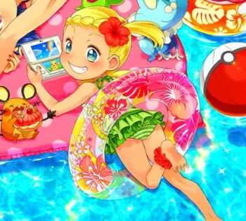 artist_request ass blonde_hair blue_eyes bonnie_(pokemon) dedenne flower flower_on_head food froakie gen_1_pokemon gen_6_pokemon handheld_game_console happy innertube lowres mouth_hold nintendo nintendo_ds pikachu poke_ball pokemon pokemon_(creature) pokemon_xy source_request swim_ring swimsuit swimsuit_skirt teeth_hold water