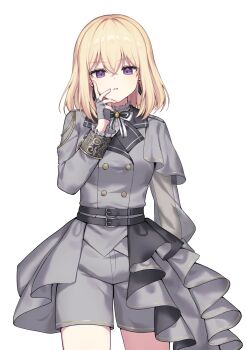 1girl bang_dream! bang_dream!_it's_mygo!!!!! blonde_hair commentary_request fingerless_gloves flower_stand_art gloves grey_gloves grey_jacket grey_shorts hair_between_eyes hand_on_own_face highres jacket long_sleeves medium_hair meu203 misumi_uika parted_lips purple_eyes shorts simple_background solo white_background