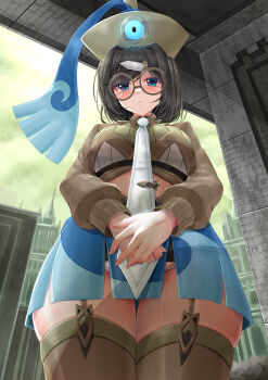1girl absurdres black_hair blue_eyes blue_skirt blush breasts brown_shirt brown_thighhighs cowboy_shot cropped_shirt from_below gen_6_pokemon hat highres honedge large_breasts long_sleeves looking_at_viewer necktie nintendo original personification pokemon round_eyewear shirt short_hair skirt solo thick_thighs thighhighs thighs white_necktie yellow-star-light