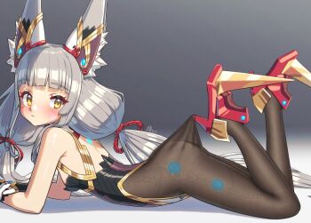 1girl alten animal_ear_fluff animal_ears black_leotard blunt_bangs blush breasts cat_ears facial_mark gloves glowing_markings gold_trim grey_hair high_heels lace_pantyhose_hooked_on_heel_(meme) leotard long_hair lying meme nia_(blade)_(xenoblade) nia_(xenoblade) on_stomach pantyhose pantyhose_tug shoes small_breasts solo spiked_shoes spikes the_pose tights_day twintails very_long_hair xenoblade_chronicles_(series) xenoblade_chronicles_2 yellow_eyes