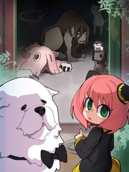 Rule 34 | 1girl, absurdres, anya (spy x family), black dress, bond (spy x family), bongftah, crossover, dark room, dog, dress, fullmetal alchemist, gen 1 pokemon, green eyes, guardians of the galaxy, guardians of the galaxy vol. 3, highres, huggy wuggy, legendary pokemon, looking at viewer, lylla (marvel), made in abyss, marvel, mew (pokemon), mitty (made in abyss), multiple crossover, mythical pokemon, nintendo, pink hair, pointing, pokemon, poppy playtime, shou tucker's chimera, spy x family, white dog