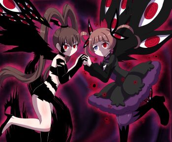 2girls amano_nene_(digimon_xros_wars) black_dress blue_eyes brown_hair corruption dark_persona digimon digimon_(creature) digimon_beatbreak digimon_xros_wars dress heterochromia high_heels high_ponytail holding_hands loli long_hair looking_at_viewer medium_hair multiple_girls pen_9307 ponytail possessed possession red_eyes ringed_eyes shademon shademon_(haruko_ver.) shademon_(nene_ver.) split_ponytail twintails wings yamada_haruko