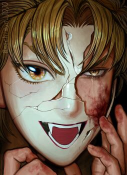 Rule 34 | 1boy, absurdres, blonde hair, blood, blood on face, close-up, cracked kawaii mask, cracked mask, crying, crying with eyes open, dio brando, fangs, fingernails, hand on own face, highres, injury, jojo no kimyou na bouken, looking at viewer, male focus, mechimun jojo, open mouth, phantom blood, portrait, smile, solo, tears, yellow eyes