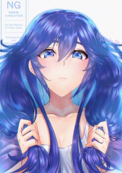 1girl alternate_costume blue_eyes blue_hair blush brand_of_the_exalt breasts closed_mouth collarbone commentary dress english_commentary fire_emblem fire_emblem_awakening hair_between_eyes highres holding holding_own_hair long_hair looking_at_viewer lucina_(fire_emblem) mixed-language_commentary nintendo ponpoko89 small_breasts solo symbol_in_eye twitter_username white_dress