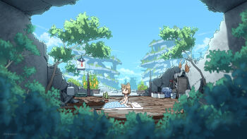 1girl absurdres animal_ears artist_name axe battery blue_skirt blue_sky blurry blurry_foreground bottle brown_tail bucket cactus cat_ears cat_tail chibi chicken_(food) chicken_leg closed_mouth cloud commentary_request concrete day fire_axe food fried_chicken from_side futon gas_can hanging_food highres neckerchief original outdoors pillow plant plant_request pleated_skirt polka_dot potted_plant rebar red_neckwear rubble ruins scenery school_uniform serafuku shapoco shelf short_hair short_sleeves skirt sky solo swept_bangs tail tank_top toolbox tree twitter_username unworn_neckerchief unworn_skirt waking_up watermark white_tank_top wide_shot |_|