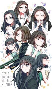 1girl black_hair blonde_hair bob_cut brown_hair bug butterfly buttons clenched_hands closed_eyes commentary_request dress eunha_(gfriend) galaxy_praise gfriend gun highres holding holding_gun holding_weapon insect korean_commentary long_hair multiple_views one_eye_closed shirt sleeveless sleeveless_dress smile sparkle t-shirt tears v weapon