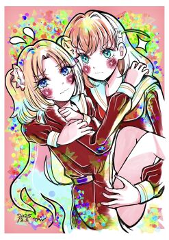 Rule 34 | 2girls, aqua eyes, blonde hair, blue eyes, blue hair, blush, border, carrying, carrying person, closed mouth, colorful, commentary request, dated, dress, flying sweatdrops, gradient hair, hasu no sora school uniform, highres, hinoshita kaho, light frown, link! like! love live!, long sleeves, love live!, multicolored hair, multiple girls, neckerchief, orange hair, osawa rurino, pink background, princess carry, red dress, red neckerchief, sailor collar, sailor dress, school uniform, signature, sparkle, tantan (tan barin ), twintails, v-shaped eyebrows, virtual youtuber, wavy mouth, white border, white sailor collar, winter uniform, yuri