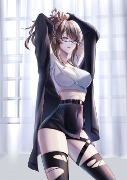 1girl absurdres alo_illustrator arms_up belt black-framed_eyewear black_belt black_jacket black_skirt black_thighhighs blue_eyes breasts brown_hair commission cowboy_shot crop_top cropped_shirt curtains dispatch_(bird8700) glasses highres jacket large_breasts looking_at_viewer midriff open_clothes open_jacket original parted_lips ponytail semi-rimless_eyewear shirt short_sleeves sidelocks skeb_commission skirt solo standing thigh_strap thighhighs torn_clothes torn_thighhighs white_shirt window