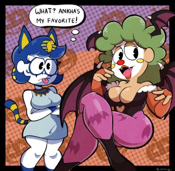 Rule 34 | 2girls, animal crossing, animal print, ankha (animal crossing), ankha (animal crossing) (cosplay), arms under breasts, bat print, blue hair, breasts, chatterbox the clown (imrachets), closed mouth, clown, cosplay, crossed arms, darkstalkers, fangs, green hair, halloween, halloween costume, head wings, highres, imrachets, large breasts, mime, morrigan aensland, morrigan aensland (cosplay), multiple girls, mute, mute the mime (imrachets), nintendo, open mouth, original, pac-man eyes, speech bubble, thought bubble, tongue, tongue out, toon (style), wings