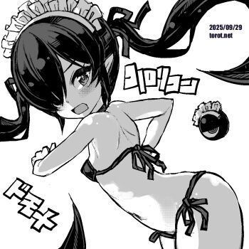 1girl backbeako_(torotei) backbeard bikini blush breasts commentary cowboy_shot dated dated_commentary dutch_angle gegege_no_kitarou gloves greyscale hair_over_one_eye hair_ribbon kono_lolicon_domome loli long_hair looking_at_viewer maid_headdress monochrome navel open_mouth original paid_reward_available pointy_ears ribbon side-tie_bikini_bottom simple_background small_breasts solo swimsuit torotei translated twintails twisted_torso very_long_hair watermark web_address
