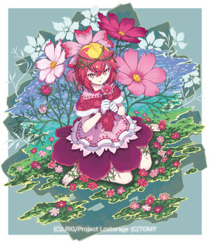 1girl blonde_hair border copyright_notice cosmos_(flower) cosmos_(wixoss) dress flower gloves holding holding_flower looking_at_viewer multicolored_hair official_art open_mouth pantyhose pink_flower red_dress red_flower rose satoma_makoto solo streaked_hair white_border white_flower white_gloves white_pantyhose wixoss yellow_eyes