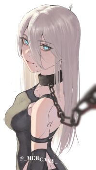 Rule 34 | 1girl, a2 (nier:automata), absurdres, android, artist name, blue eyes, breasts, chain, chain leash, closed mouth, commentary, english commentary, eyelashes, hair between eyes, highres, joints, leash, long hair, looking at viewer, medium breasts, mercaxy, mole, mole under mouth, nier:automata, nier (series), pink lips, robot joints, simple background, solo, standing, twitter username, white background, white hair