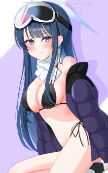 absurdres bikini black_bikini blue_archive blue_eyes blue_hair blunt_bangs blush breasts commentary_request cosplay down_jacket eimi_(blue_archive) eimi_(blue_archive)_(cosplay) eimi_(swimsuit)_(blue_archive) embarrassed goggles halo halterneck highres jacket kneeling large_breasts long_hair looking_at_viewer next_tomountain official_alternate_costume saori_(blue_archive) scarf ski_goggles swimsuit white_scarf