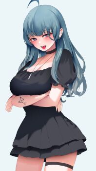 1girl :d absurdres ahoge arm_tattoo arms_under_breasts artist_self-insert black_choker black_shirt black_skirt blush breasts butterfly_tattoo choker cleavage collarbone cowboy_shot crossed_arms ear_piercing earrings eyes_visible_through_hair green_background green_hair heart highres jewelry large_breasts light_blush light_smile long_hair looking_at_viewer open_mouth original piercing puffy_short_sleeves puffy_sleeves purple_eyes revision scoop_neck shirt short_sleeves simple_background skirt smile solo standing tattoo thigh_strap tongue tongue_out zerocat