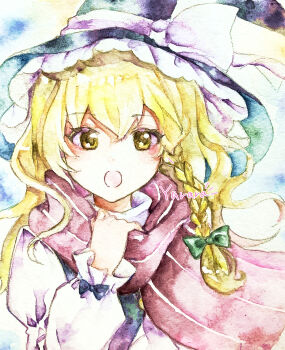 1girl black_hat blonde_hair braid commentary_request hat highres kirisame_marisa long_hair minatsuki_yurara open_mouth painting_(medium) red_scarf scarf shirt side_braid solo touhou traditional_media upper_body watercolor_(medium) white_shirt witch_hat yellow_eyes