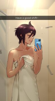 1girl after_bathing bare_shoulders black_hair blurry blurry_background breasts brown_eyes ceiling_light cellphone collarbone commentary depth_of_field dispatch dripping english_commentary english_text eyelashes glass_door grin hair_between_eyes handrail highres holding holding_phone holding_towel indoors invisigal_(dispatch) long_bangs looking_at_phone loose_hair_strand mirror_selfie naked_towel narrowed_eyes parted_lips phone selfie shoog short_hair shower_(place) small_breasts smartphone smile snapchat solo spiked_hair standing steam teasing thick_eyebrows tomboy towel very_short_hair water_drop wet