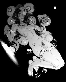 1girl armpit_hair artist_logo artist_name asymmetrical_breasts barefoot black_background body_horror breasts breasts_apart choker closed_mouth commentary english_commentary extra_eyes eyeliner feet fingerless_gloves fingernails flaccid floating foreskin full_body fur_trim futanari gloves godiva_ghoul greyscale groin hair_over_shoulder hands_up highres hip_dips large_areolae lips logo long_fingernails long_hair looking_at_viewer lying makeup medium_breasts messy_hair mole mole_under_eye monochrome monster_girl multiple_moles navel nipples nude on_back original penis perky_breasts pubic_hair sharp_fingernails sharp_toenails simple_background solo square stirrup_legwear stomach testicles thighhighs toeless_legwear toenails toes uncensored wavy_hair