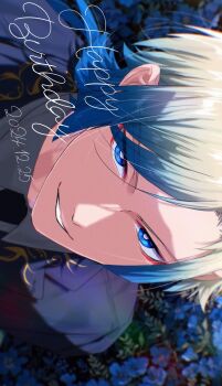 1boy bl_111252 blonde_hair blue_eyes blue_flower blue_hair blue_jacket blue_lock dated eyeliner floral_background flower happy_birthday highres jacket long_hair looking_at_viewer makeup male_focus michael_kaiser multicolored_hair parted_lips red_eyeliner solo