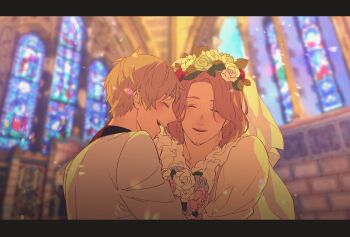 Rule 34 | 2boys, 99 0801, axis powers hetalia, blonde hair, blush, bouquet, bridal veil, bride, church, closed eyes, crossdressing, crossdressing (mtf), facial hair, flower, flower wreath, france (hetalia), goatee stubble, groom, highres, husband and husband, indoors, jacket, male focus, medium hair, multiple boys, open mouth, short hair, smile, stubble, thick eyebrows, united kingdom (hetalia), upper body, veil, wedding, white veil, yaoi