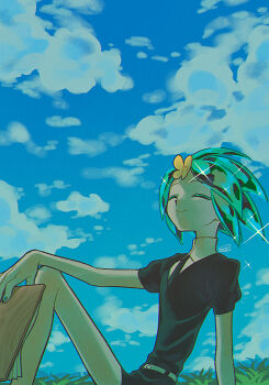 1other absurdres androgynous belt black_necktie black_shirt blue_sky bug butterfly butterfly_on_head clipboard closed_eyes closed_mouth colored_skin commentary_request day green_hair green_nails highres holding holding_clipboard houseki_no_kuni insect knee_up menma_(enaic31) necktie outdoors phosphophyllite shirt sky smile solo white_belt white_skin