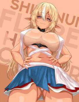 1girl :3 alternate_costume blonde_hair breasts character_name hands_on_own_hips highres hololive large_breasts long_hair looking_at_viewer multicolored_hair nail_polish nasterro navel no_bra panties pantyshot pointy_ears red_eyes shiranui_flare skirt smirk solo streaked_hair underwear virtual_youtuber white_hair white_panties