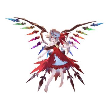 1girl alternate_costume barefoot blonde_hair collarbone crystal crystal_wings dress flandre_scarlet full_body game_cg hat hat_ribbon highres layered_dress looking_at_viewer mob_cap multicolored_wings non-web_source off-shoulder_dress off_shoulder official_art one_side_up polearm red_dress red_eyes ribbon second-party_source smile solo spear torn_clothes torn_dress touhou touhou_gensou_eclipse transparent_background u_u_zan weapon white_dress white_hat wings