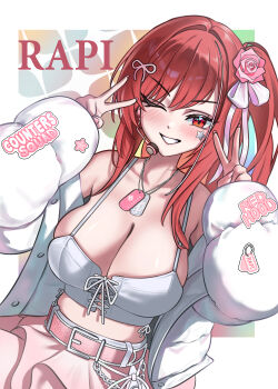 1girl absurdres bare_shoulders belt blush breasts character_name cleavage colorful_background commentary double_v facial_mark flower goddess_of_victory:_nikke grin hair_flower hair_ornament hair_ribbon headset heart heart_in_eye highres jacket jewelry large_breasts long_hair looking_at_viewer nam_gil off_shoulder official_alternate_costume official_alternate_hairstyle one_eye_closed one_side_up open_clothes open_jacket pendant pink_belt pink_flower pink_rose pink_skirt rapi_(nikke) rapi_(red_hood)_(nikke) rapi_(red_hood)_(shining_light)_(nikke) red_eyes red_hair ribbon rose simple_background skirt smile solo star_(symbol) star_facial_mark symbol_in_eye upper_body v white_jacket