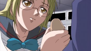 00s 1boy 1girl 2004 animated animated_gif assertive_female black_gate black_gate_kan_in_no_gakuen blonde_hair blue_bow blue_bowtie blue_jacket bow bowtie brown_eyes classroom clothes_lift erection glasses handjob jacket long_hair mizuki_komiyama narifumi_hosokawa penis sailor_collar sailor_shirt school school_uniform shirt tagme