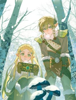 1boy 1girl belt blonde_hair blue_eyes boots braid brown_belt brown_gloves brown_pants commentary crown_braid english_commentary feet_out_of_frame fur-trimmed_boots fur-trimmed_gloves fur_trim gloves green_eyes hair_ornament highres holding leaning_forward link long_hair looking_at_object mushroom nekopunch_(nekopunchart) nintendo pants parted_lips pointy_ears princess_zelda sheikah_slate short_hair shoulder_belt sidelocks snow snowquill_set_(zelda) squatting standing the_legend_of_zelda the_legend_of_zelda:_breath_of_the_wild tree white_background