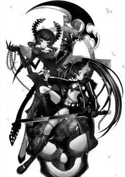 297303395 belt bikini black_rock_shooter black_rock_shooter_(character) boots chain coat dead_master dress horns leggings long_hair medium_hair monochrome open_clothes open_coat scythe shorts skeletal_hand skeletal_wings skull swimsuit sword twintails uneven_twintails weapon wings