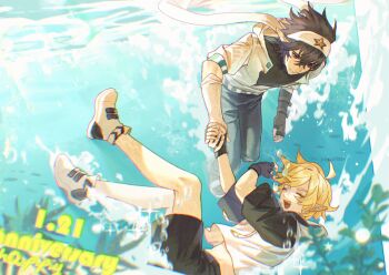 Rule 34 | 2boys, ahoge, air bubble, aotu world, asymmetrical gloves, bandana, black gloves, black hair, black shirt, black shorts, blonde hair, blue pants, bubble, chinese commentary, chromatic aberration, closed eyes, closed mouth, dated, drawstring, english text, fang, fingerless gloves, full body, gloves, hair between eyes, headband, highres, holding hands, hood, hood down, hooded jacket, hoodie, jacket, king (aotu world), looking at another, male focus, midriff peek, multicolored hoodie, multiple boys, open mouth, pants, pointy ears, print headband, purple eyes, ray (aotu world), shangwomifou, shirt, shoes, short hair, short sleeves, shorts, smile, sneakers, sparkle, star (symbol), star print, swimming, underwater, underwear, white gloves, white headband, white hoodie, white jacket, white shoes, yaoi