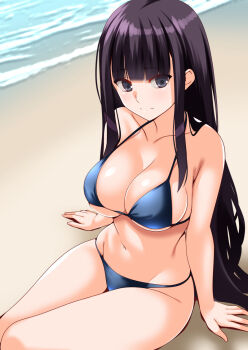 1girl beach bikini black_eyes black_hair blue_bikini blunt_bangs breasts cleavage commentary_request commission engo_(aquawatery) feet_out_of_frame large_breasts long_hair looking_at_viewer lowleg lowleg_bikini muv-luv muv-luv_alternative muv-luv_total_eclipse navel pixiv_commission sitting solo swimsuit waves yamashiro_kazusa