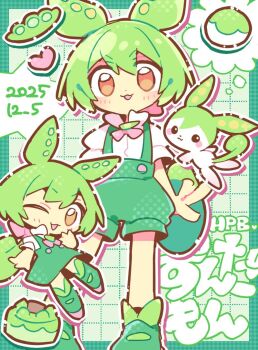 1girl :3 :d ;d animal_ears blush_stickers border cake character_name commentary_request double-parted_bangs edamame food full_body green_border green_hair green_shoes grid_background hair_between_eyes long_hair looking_at_viewer one_eye_closed open_mouth outline outside_border rizometa28 shirt shoes short_sleeves smile standing utau voicevox white_background white_outline white_shirt yellow_eyes zundamon zundamon_(utau)