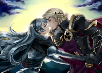 1boy 1girl arm_around_waist black_gloves black_hairband blonde_hair cape cloud female_corrin_(fire_emblem) couple diadem eye_contact fire_emblem fire_emblem_fates gloves hairband hetero holding_hands imminent_kiss long_hair looking_at_another nintendo pointy_ears red_cape red_eyes shinmanawa silver_hair very_long_hair xander_(fire_emblem) yellow_eyes