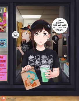 2boys 3girls absurdres artist_name bag blonde_hair brown_eyes brown_hair chainsaw_man demon_girl demon_horns denji_(chainsaw_man) dismaiden emoji english_text fast_food hair_ornament hairclip hayakawa_aki higashiyama_kobeni highres horns licking makima_(chainsaw_man) making-of_available mountain_dew multiple_boys multiple_girls paper_bag patreon_logo patreon_username pepto_bismol pochita_(chainsaw_man) ponytail poop_emoji power_(chainsaw_man) short_ponytail single_sidelock speech_bubble spoken_emoji taco_bell