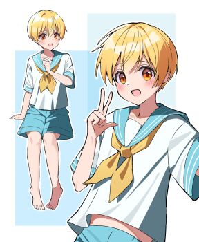 1boy aqua_shorts barefoot blonde_hair blush clenched_hand full_body hair_between_eyes highres invisible_chair kai_(shell) male_focus midriff_peek multiple_views neckerchief open_mouth orange_eyes root_(stpri) school_uniform shirt short_hair short_sleeves shorts sitting smile strawberry_prince upper_body w white_shirt yellow_neckerchief