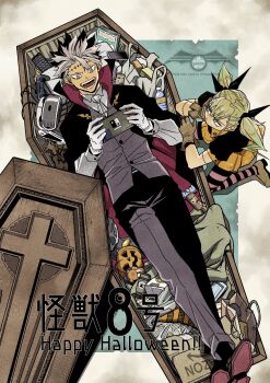 1boy 1girl ascot bag bat_necklace black_cape black_hair black_ribbon blonde_hair bottle box brown_gloves brown_shoes can cape cardboard_box cellphone coffin collared_shirt colored_shoe_soles commentary_request controller copyright_name cross crossed_ankles dress english_text fangs figure frown game_console game_controller gloves gold_necklace green_eyes grey_hair grey_pants grey_vest hair_between_eyes hair_ribbon halloween halloween_costume hand_on_own_cheek hand_on_own_face happy_halloween head-mounted_display high_collar highres jack-o&#039;-lantern jester jewelry kaijuu_no._8 kneeling long_hair long_sleeves looking_at_another lying matsumoto_naoya multicolored_hair narumi_gen necklace nintendo_switch oculus_headset official_alternate_costume official_art on_back open_mouth orange_dress pants paper_bag phone pillow pink_eyes plastic_bag playing_games red_cape remote_control ribbon shinomiya_kikoru shirt shoe_soles shoes shopping_bag short_hair sitting smartphone smile stitched_arm stitched_forehead stitches striped_clothes striped_thighhighs thighhighs twintails two-sided_cape two-sided_fabric two-tone_dress two-tone_hair vampire_costume vest white_ascot white_gloves white_shirt